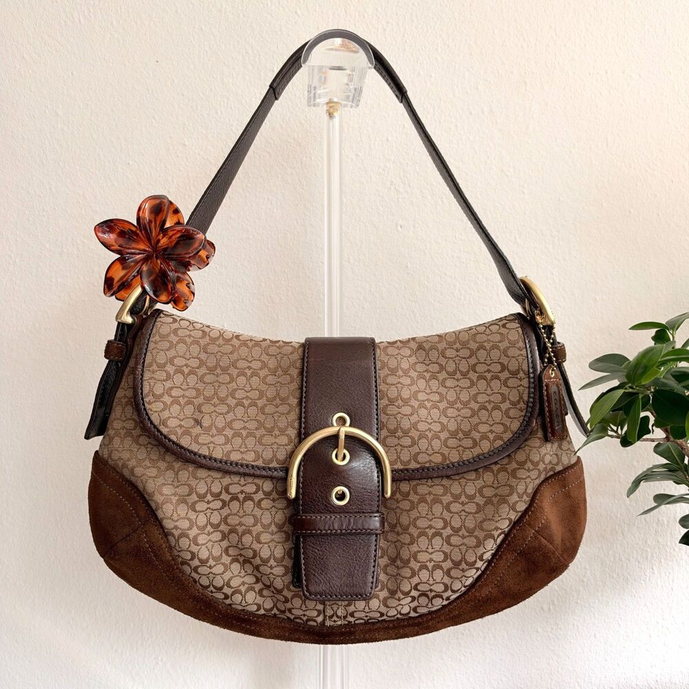 Coach Soho 6808 Y2K Signature Jacquard Suede Buckle Hobo Shoulder Bag Brown